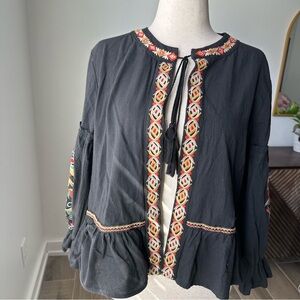 Velzera Black Boho Tassel Tie Blouse with Colorful Embroidery